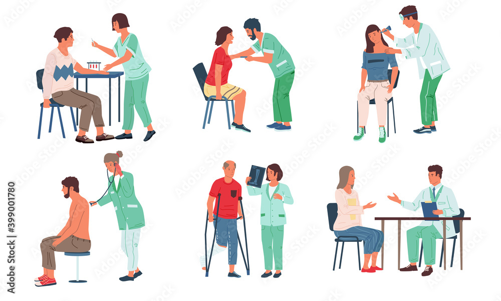 Doctor and patient. Consultation in clinic. Cartoon scenes of examination people in hospital. Isolated medical workers checking health. Treatment and prevention, vector visit to physician set