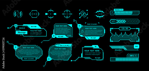 HUD banners. Futuristic interface elements with copy space. Callout message boxes and infographics, weapon sights. Isolated neon borders with text on black background. Fluorescent frames, vector set