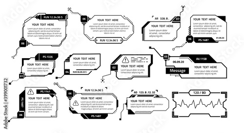 HUD banners. Callout boxes for system information and massages. Futuristic interface elements with place for text and infographics. Isolated computer video game interface, vector black frames set