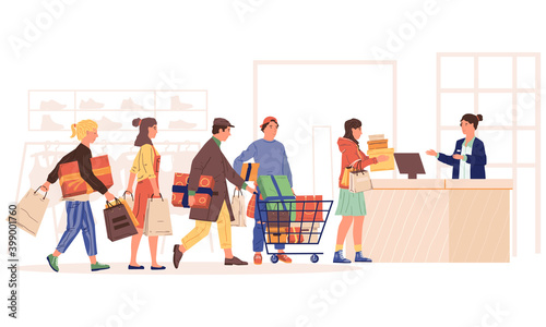 Shopping queue. Cartoon people standing in line at cashier. Men and women in retail store, at mall or supermarket. Customers buying shoes, garments and presents. Vector sellers and buyers concept