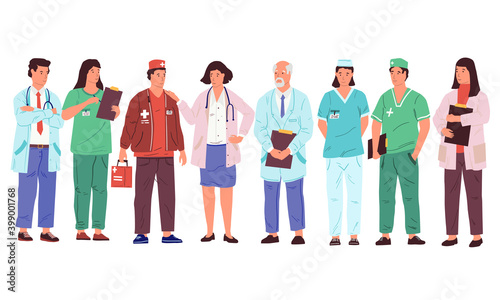 Cartoon doctors. Medical workers wear uniforms, nurses and hospital employees. Specialists working in clinic. People in special clothes, isolated men and women standing in row. Vector medicine set