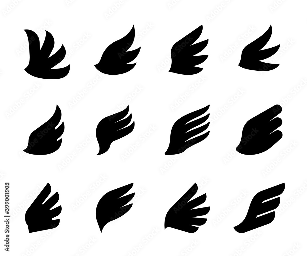 Wing icons. Eagle hawk or phoenix minimal bird logo, abstract classic heraldic symbol collection, royal black silhouette symbols. Tattoo template, stickers or emblems vector isolated graphic set Wing icons. Eagle hawk or phoenix minimal bird logo, abstract classic heraldic symbol collection, royal black silhouette symbols. Tattoo template, stickers or emblems vector isolated graphic set