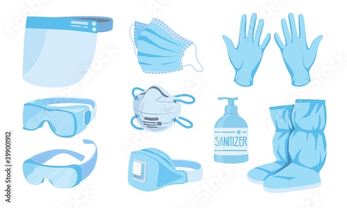 Corona suit. Medical personal protective suit elements, gloves, breathing mask and respirator, sanitizer gel and goggles, face shield vector industrial protection equipment in blue colors isolated set