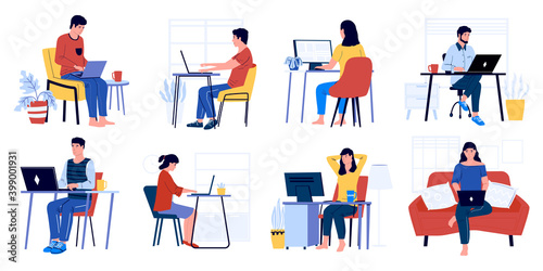 Business characters working. Cartoon men and women sitting in office and at home with laptop and working. Vector set of office people in workspace
