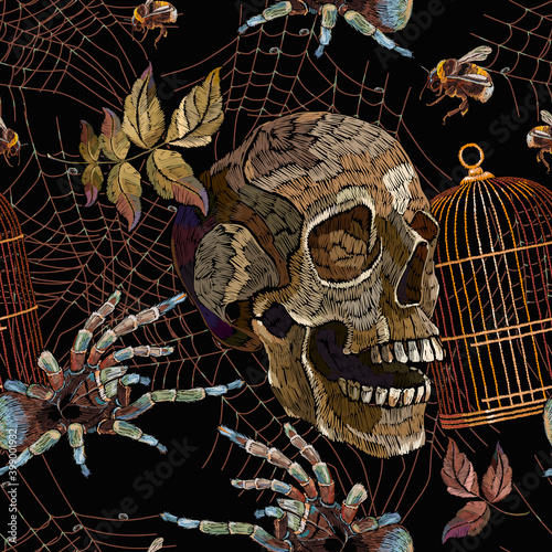 Embroidery human skull, spider and golden cage. Gothic seamless pattern. Dark medieval halloween background. Horror art, clothes template and t-shirt design