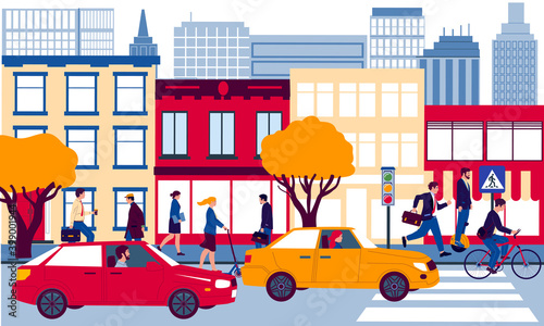 City street. Cartoon urban landscape. Men and women walking or driving to work. People riding scooters or bicycle and automobiles. Vehicles to moving around town. Vector road and buildings facades