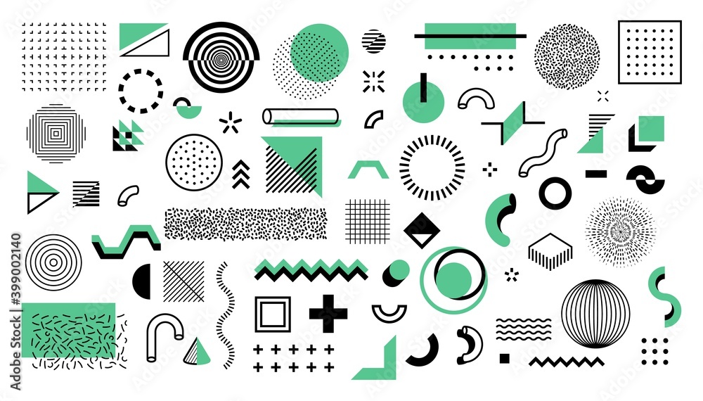 Minimal memphis shapes. Abstract geometric graphic elements. Black and green figures, dots and lines. Isolated round and square forms on white background. Decorative banner, vector flat illustration
