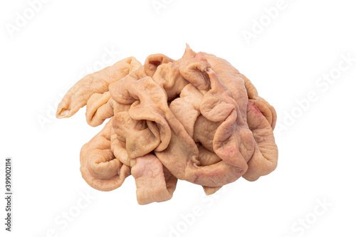 Raw Pork Large Intestine isolated on white background with clipping path.