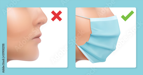 Face with mask. Realistic woman portrait with and without protective medical respirator. Virus isolation, contagious diseases prevention. Special accessory wearing instruction poster, vector banner