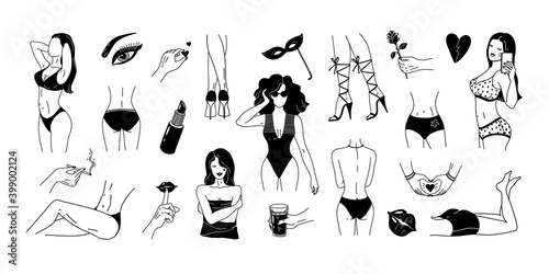 Minimalist woman parts. Contemporary naked female outline body elements. Collection of hand drawn black and white sketches. Modern swimsuit and underwear, high-heeled shoes. Vector silhouette flat set