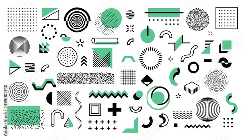 Minimal memphis shapes. Abstract geometric graphic elements. Black and green figures, dots and lines. Isolated round and square forms on white background. Decorative banner, vector flat illustration