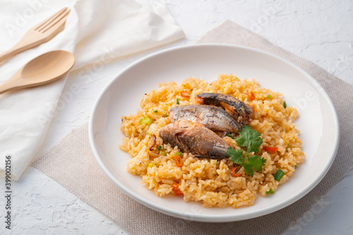 Fried Rice with Canned Mackerel.Thai style fusion food.