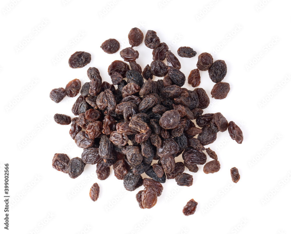 Dried raisins isolated on white background top view Dried raisins isolated on white background top view