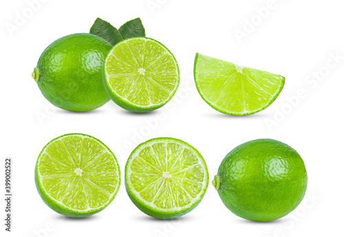 Fresh lime with leaf isolated on white background. full depth of field