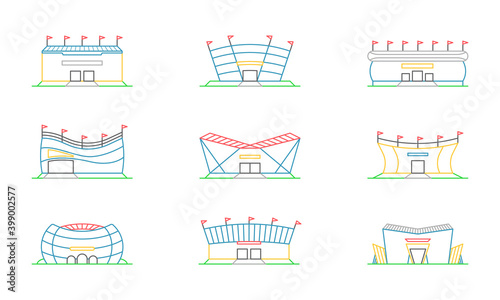 Vector set of linear isolated icons of arenas, stadiums. Minimalistic in a flat style. Design template for sites, applications, design.