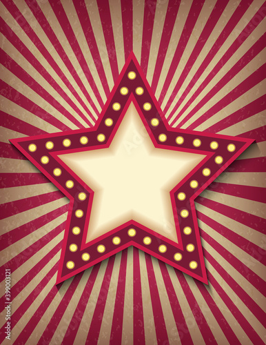 Brightly glowing star retro cinema neon sign. Circus style show vertical banner template. Background vector poster image