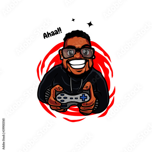 Cartoon logo gaming beard man holding the joystick, a happy man playing game illustration