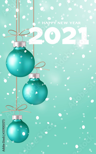 Decorative blue Christmas balls on turquoise night background with snowfall. New year and Xmas decoration. Vector illustration