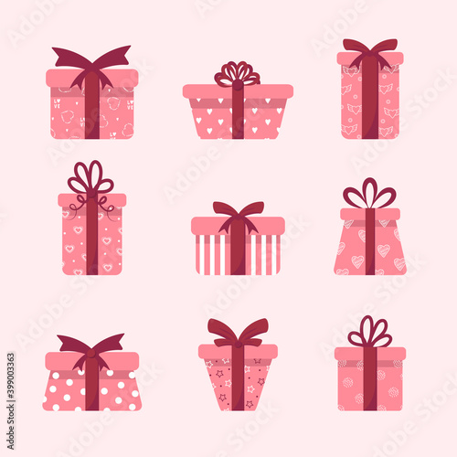 Set of pink gift boxes with bows and ribbons. Happy Valentines day. Cute romantic collection. Vector Illustration in flat cartoon style