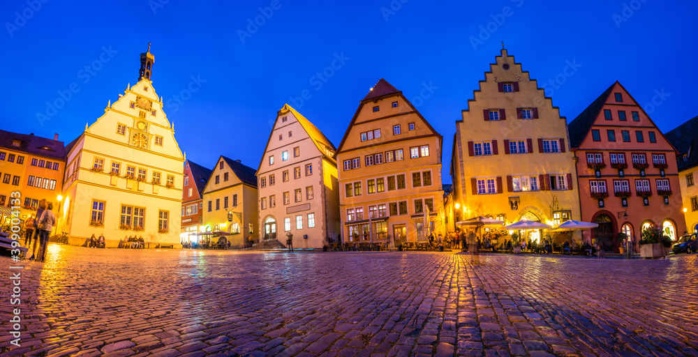 Market square panorama at dawn in  Rothenburg ob der Tauber. Germany 