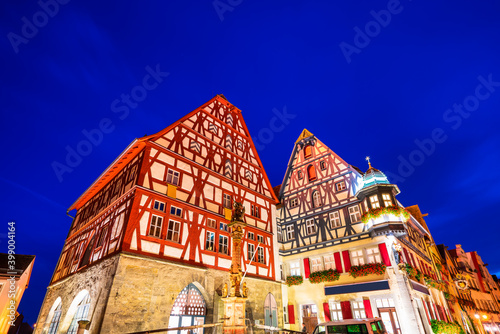 Traditional German architecture of Rothenburg ob der Tauber at dusk Bavaria, Germany
