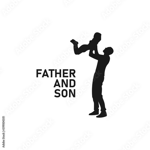 Father lifting son black silhouette. Dad and son icon sign or symbol. Fatherhood logo. Parenthood life. Happiness and joy. Happy family. Childhood moment. Man holding toddler vector illustration.