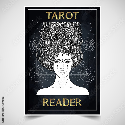 Tarot reader, fortuneteller, spiritual coach, mystic healer business card design template. Vector illustration. Magic woman.