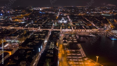 Aerial timelapse of Helsinki downtown area at night.