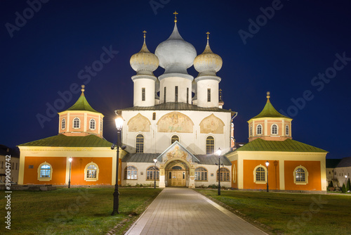 The ancient Assumption Cathedral in the night illumination on a December evening. Leningrad region, Russia