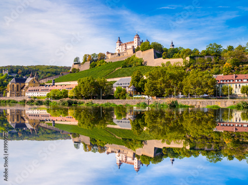 Marienberg Fortress with reflection of the city in Main River. Wurzburg city in Germany © Pawel Pajor