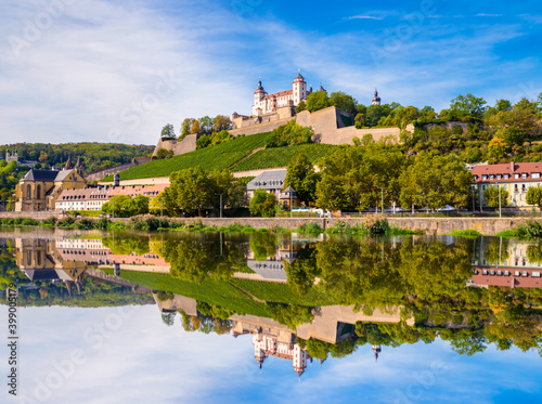 Marienberg Fortress with reflection of the city in Main River. Wurzburg city in Germany