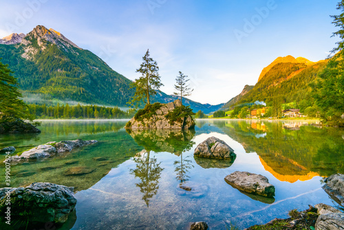 Colorful morning view of Hintersee lake in Bavarian Alps on the Austrian border, Germany, Europe