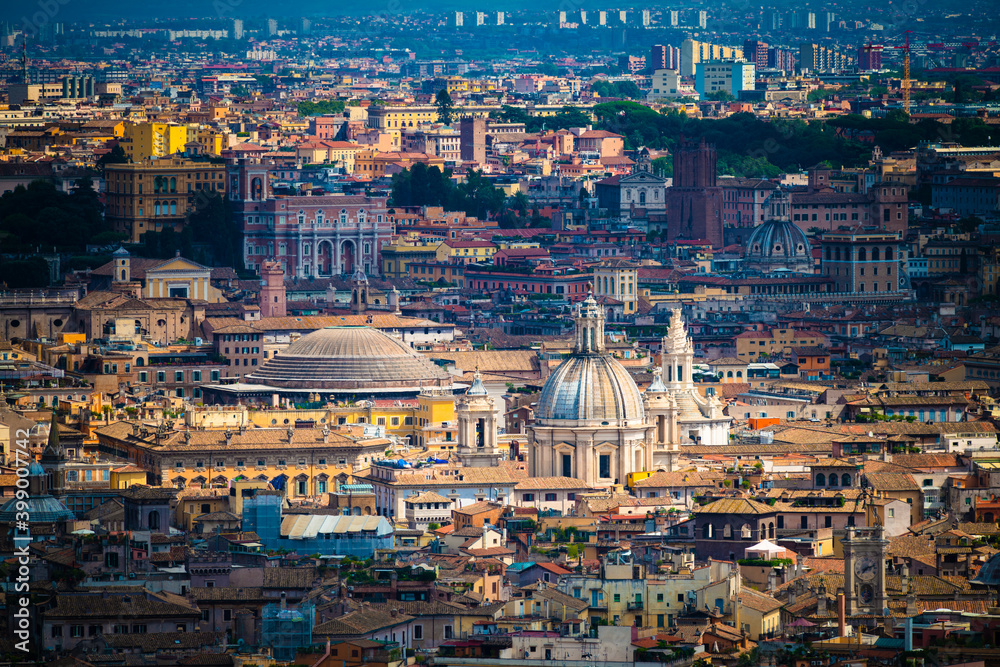 Rome rooftops view with Pantheon and St Maria Sopra Minerva Basilica towers 