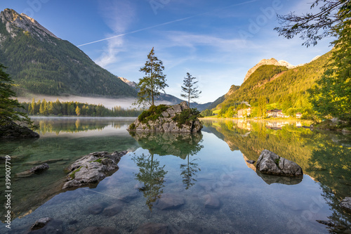 Hintersee lake at sunny morning light. Bavarian Alps on the Austrian border, Germany, Europe