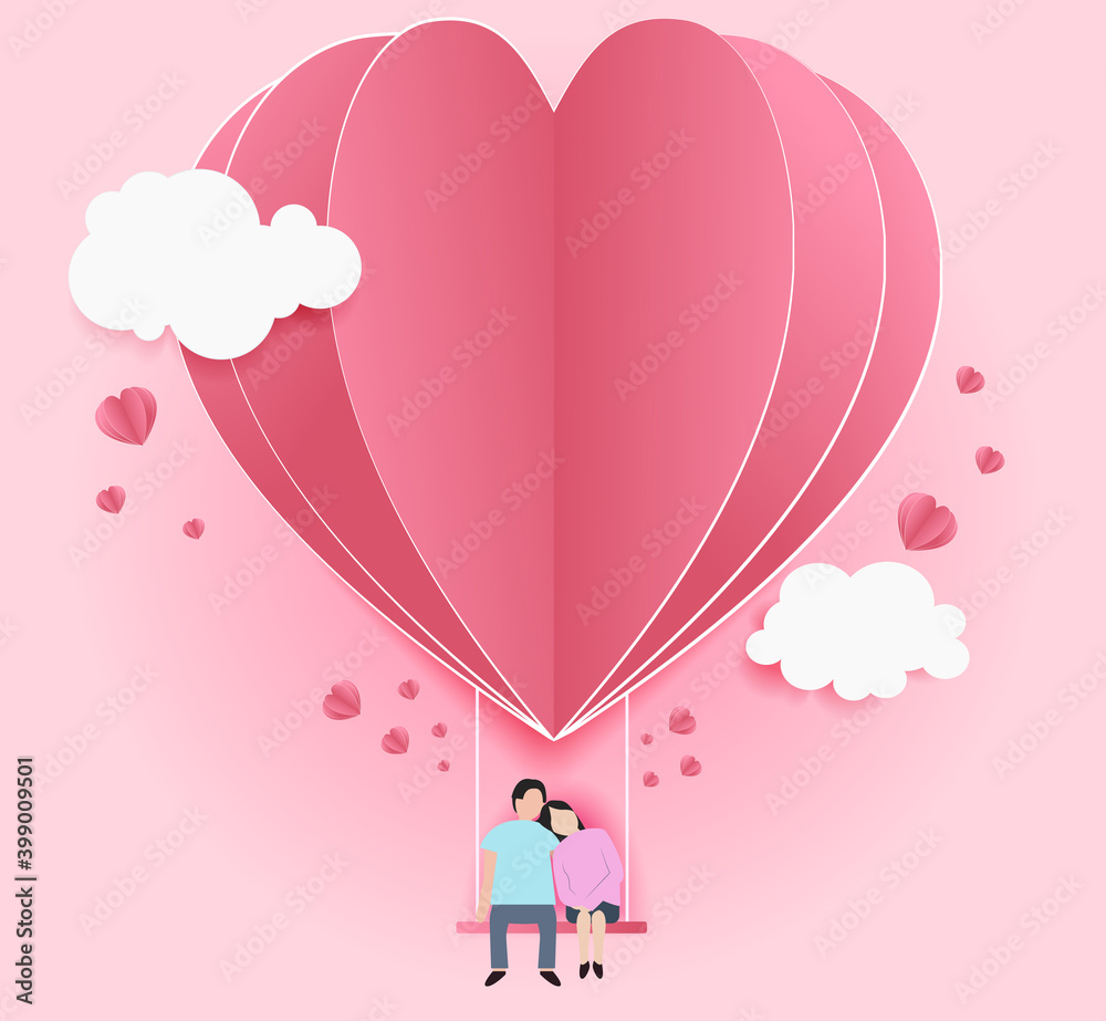 Paper Cut Valentine's day postcard Teenage couple joyfully sitting on heart-shaped swing in pink background Vector illustration. Paper Cut Valentine's day postcard Teenage couple joyfully sitting on heart-shaped swing in pink background Vector illustration.