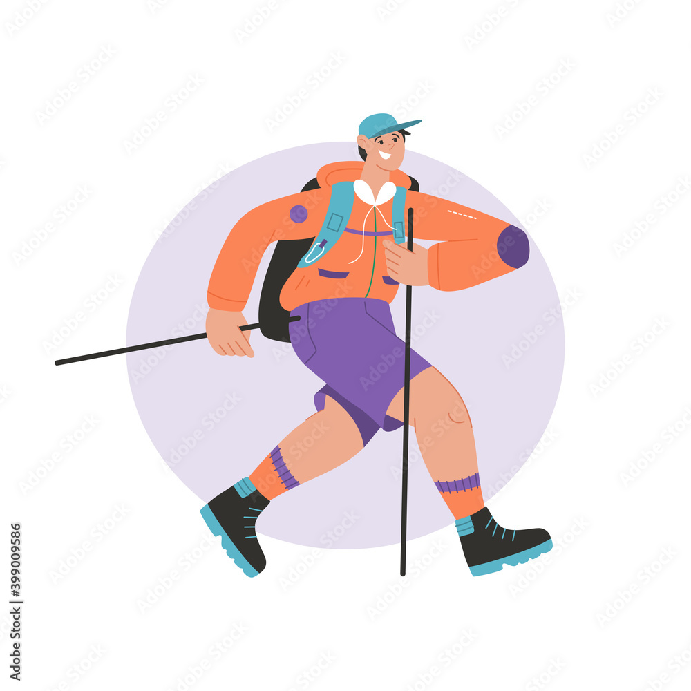 Smiling man with sticks and backpack hiking Smiling man with sticks and backpack hiking