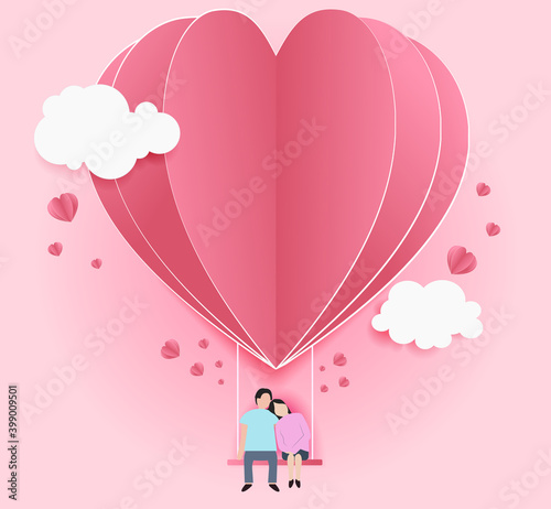 Paper Cut Valentine's day postcard Teenage couple joyfully sitting on heart-shaped swing in pink background  Vector illustration.