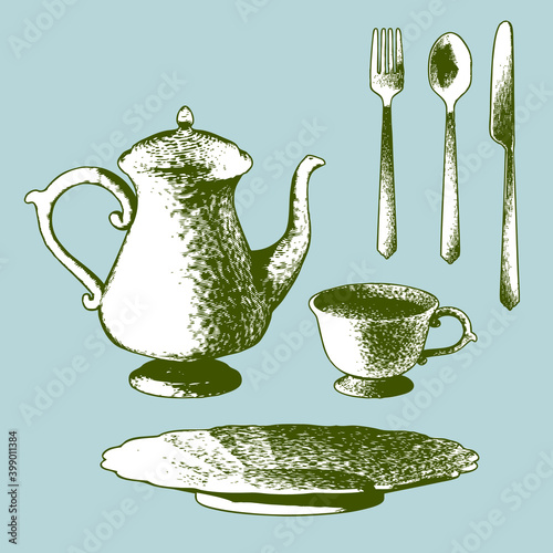 Tea set drawn by hatching, cutlery set
