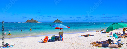 ハワイのオアフ島東海岸のラニカイビーチで海水浴・日光浴をする人々（パノラマ）
