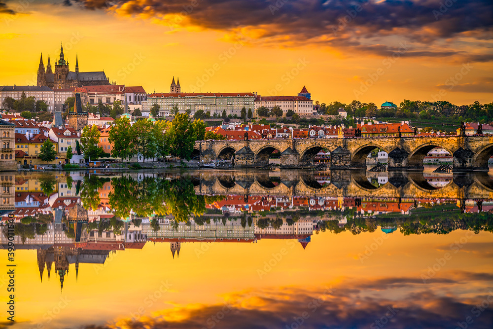 Charles bridge and Prague castle at sunset in Prague,Czech Republic 