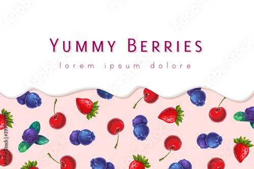 berry milk or yogurt background. dripping cream on garden or forest berries banner. package design template for sweet dairy products. flowing yoghurt, melted icecream and mixed tasty berries wallpaper