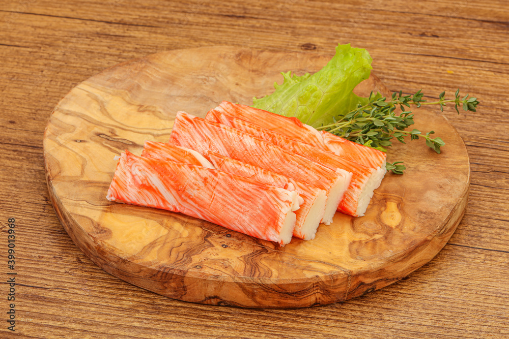 Crab sticks served salad leaves Crab sticks served salad leaves