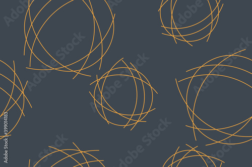 Seamless abstract background pattern made with messy lines forming circular shapes. Simple, modern vector art in yellow and grey colors,