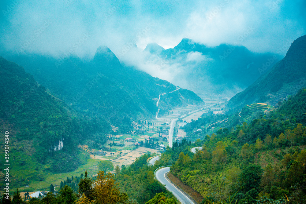 Beautiful  view of the sunny valley in Ha Giang Province, North Vietnam.