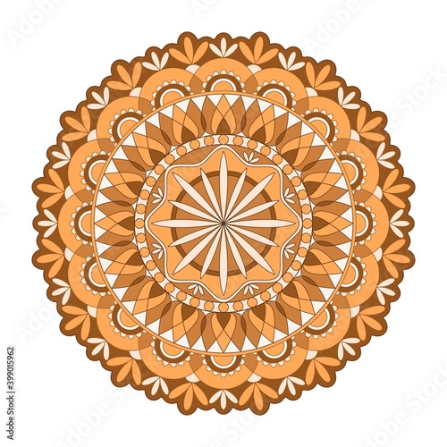 Mandala vector. A symmetrical round orange ornament.