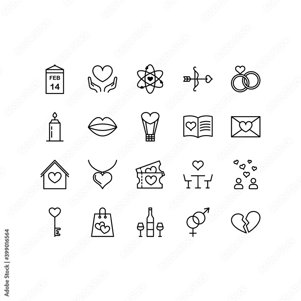 Set of Valentine's day icon on white background. Symbols of love - heart, cupid, arrow, valentine, gift, ring, message and broken heart in thin line style. Editable stroke