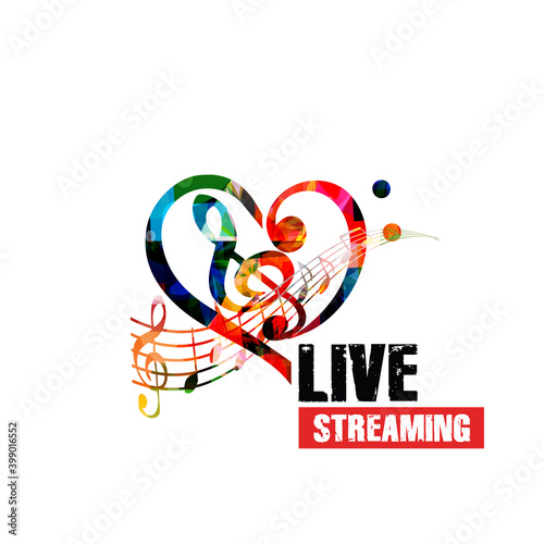 Colorful musical promotional poster background with musical notes isolated vector illustration. Live streaming banner for music festivals, shows and concert events