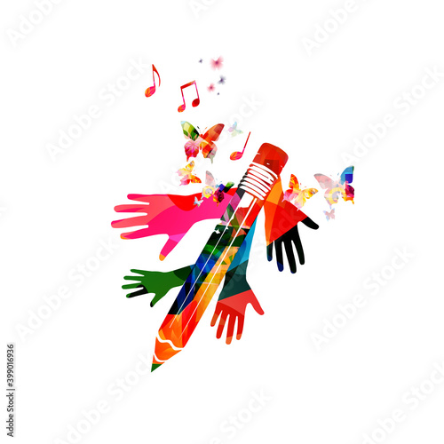Colorful pencil with musical notes and hands isolated. Creative writing, composing music, education concept vector illustration 