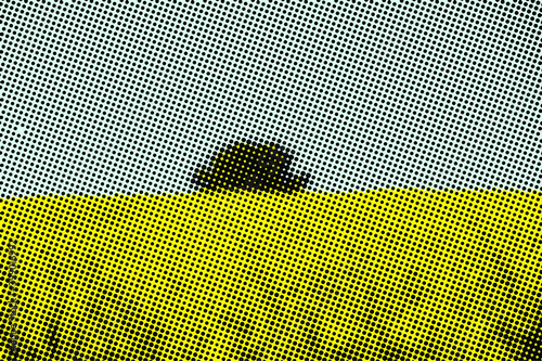 Clear yellow farm flowers  and blue nature landscape lonely tree Monochrome print raster. Abstract vector halftone background.