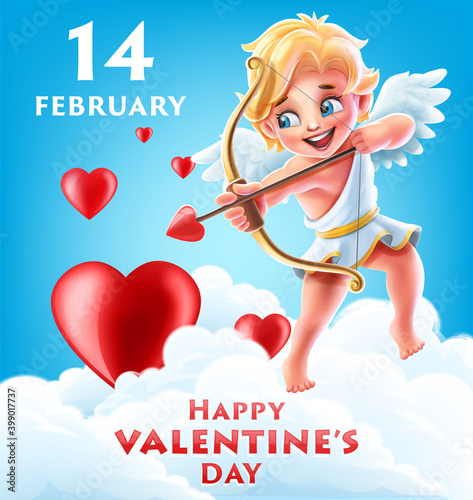 valentine's day banner illustrated with cupid angel with arrow and hearts photo